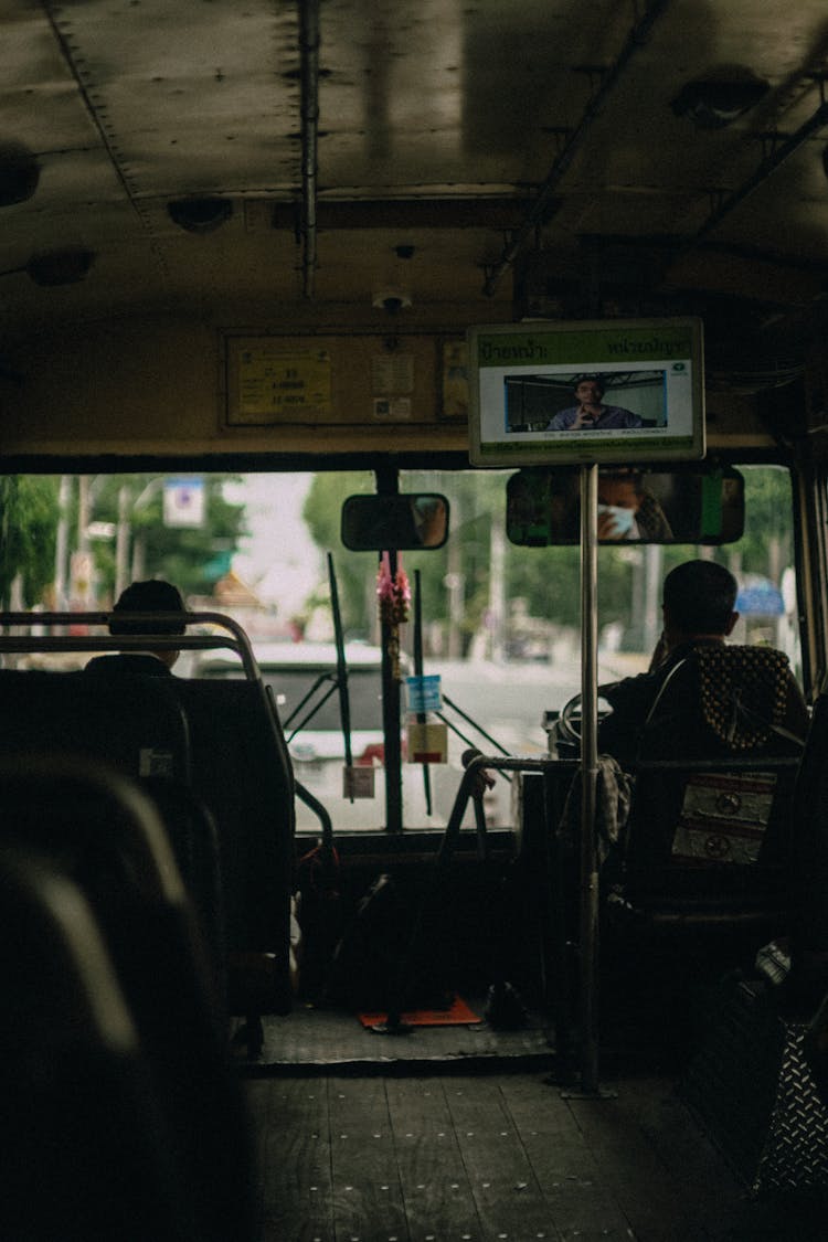 The Interior Of A Public Bus On The Road