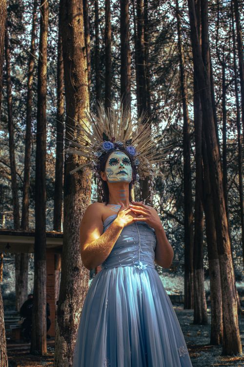 Free Woman in a blue dress and ornate headdress in a mystical forest setting. Stock Photo