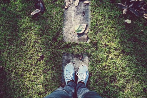 Free Casual sneakers viewed from above on a lush, green grassy path. Stock Photo