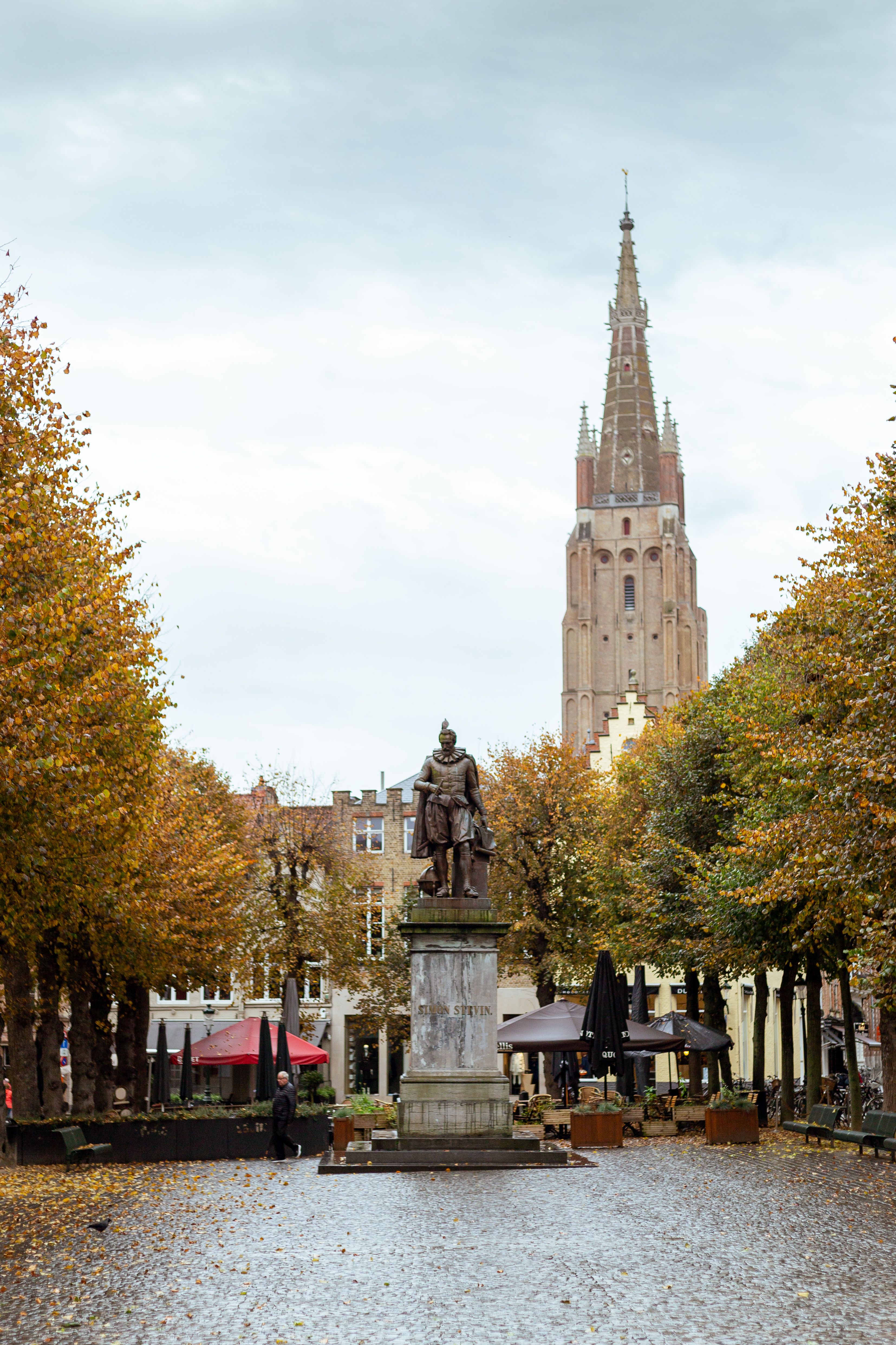 Capture of Simon Stevin statue in Stevinplein, Bruges with autumn foliage and landmark architecture.