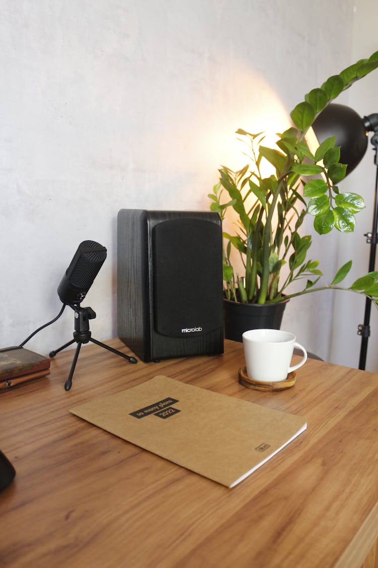 A Microphone Near A Brown Notebook