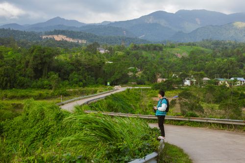 Free A young man takes a photo of a lush green mountain landscape on a sunny day. Stock Photo