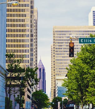 亚特兰大市中心的城市街景中，摩天大楼、树木和红绿灯构成了主要特色