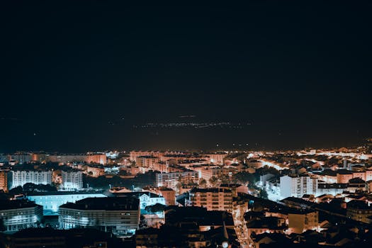 Aerial view of Castelo Branco, Portugal at night showcasing illuminated residential buildings and urban landscape.