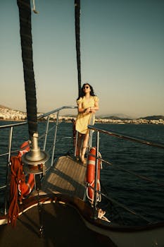 Woman in a yellow dress poses on a sailing boat deck during sunset.