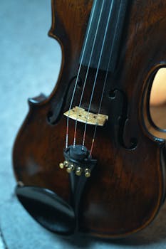 Detailed view of a classical violin highlighting its strings and rich wooden texture.