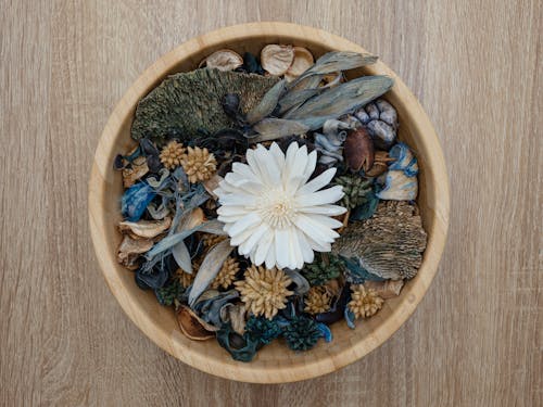 Dried Flowers in Wooden Bowl