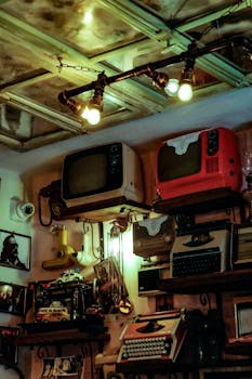 A nostalgic collection of retro televisions and typewriters on display indoors.