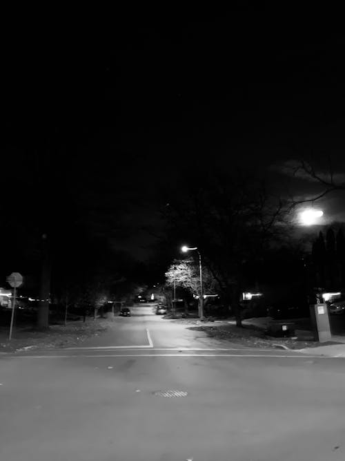Free stock photo of black and white, city street, full moon