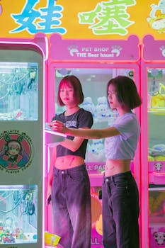 Two women enjoying a colorful arcade experience, playing with claw machines.