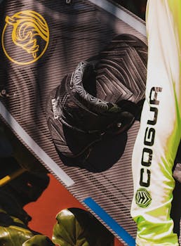 A detailed close-up of a surfboard with a footstrap and unique design features.