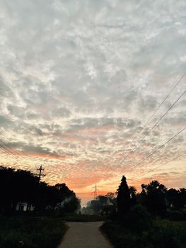 A dramatic sunset with silhouetted trees and power lines against a colorful sky.