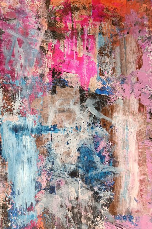 Free An intricate abstract painting with splashes of pink, blue, and earthy tones. Stock Photo