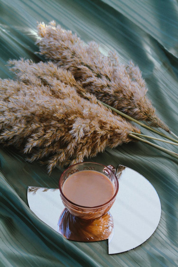 Coffee And Dry Plants On Fabric Background