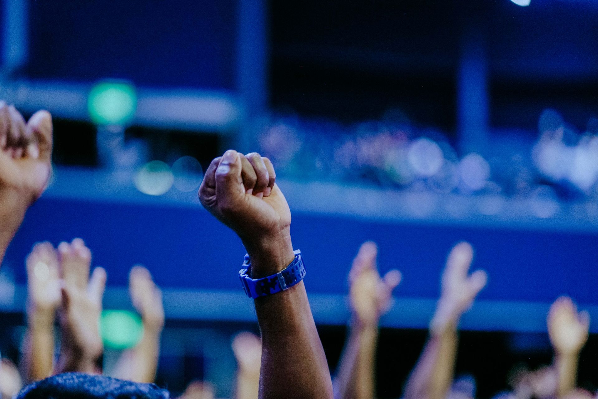 A crowd showing enthusiasm with raised hands during an indoor event, symbolizing unity and participation.