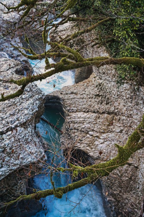 Free Explore the natural beauty of a moss-covered river gorge, showcasing its serene waters and rugged rock formations. Stock Photo