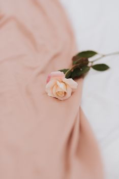 A delicate pink rose placed on smooth blush fabric, perfect for romantic or tranquil themes.