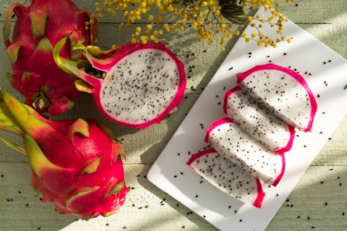 Free Sliced Dragon Fruits on Ceramic Plate Stock Photo