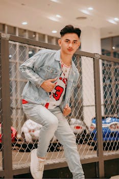 Stylish young man in denim jacket and jeans posing outdoors by a chain link fence.