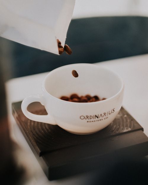 Free Close-up shot of coffee beans falling into a white cup, highlighting coffee culture and freshness. Stock Photo