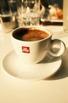 High-quality close-up of a steaming coffee in a white cup with a saucer, perfect for beverage themes.