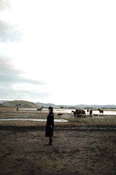 A lone woman stands in a vast field with horses grazing in the background, under a dramatic sky.