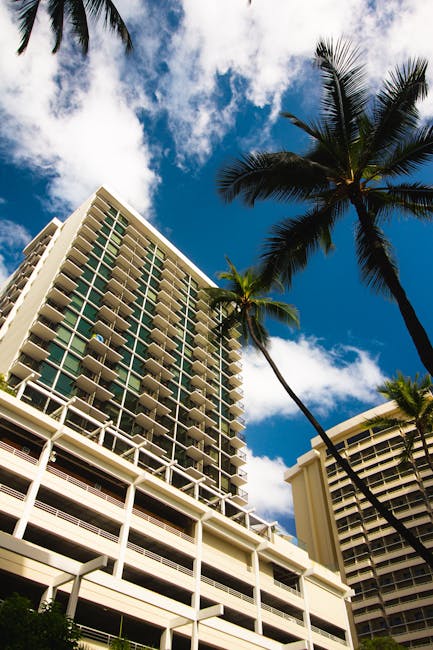 Photo by Florian Süß Stunning low-angle view of modern Waikiki skyscrapers and palm trees in Honolulu, Hawaii.