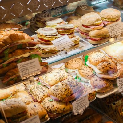 Assorted pastries displayed in the bakery case