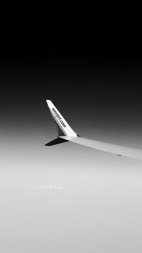 Grayscale Photo of Airplane Wing