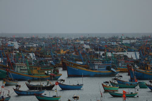 balıkçı tekneleri, bayraklar, bereket içeren Ücretsiz stok fotoğraf