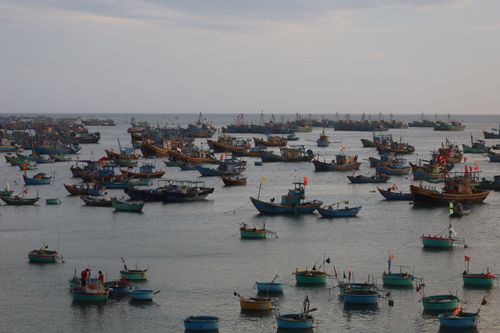 Free Colorful fishing boats dot the tranquil ocean, creating a picturesque maritime scene. Stock Photo
