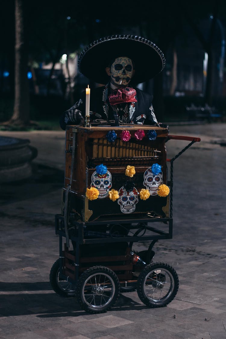 Man In Costume With Instrument On Night Street