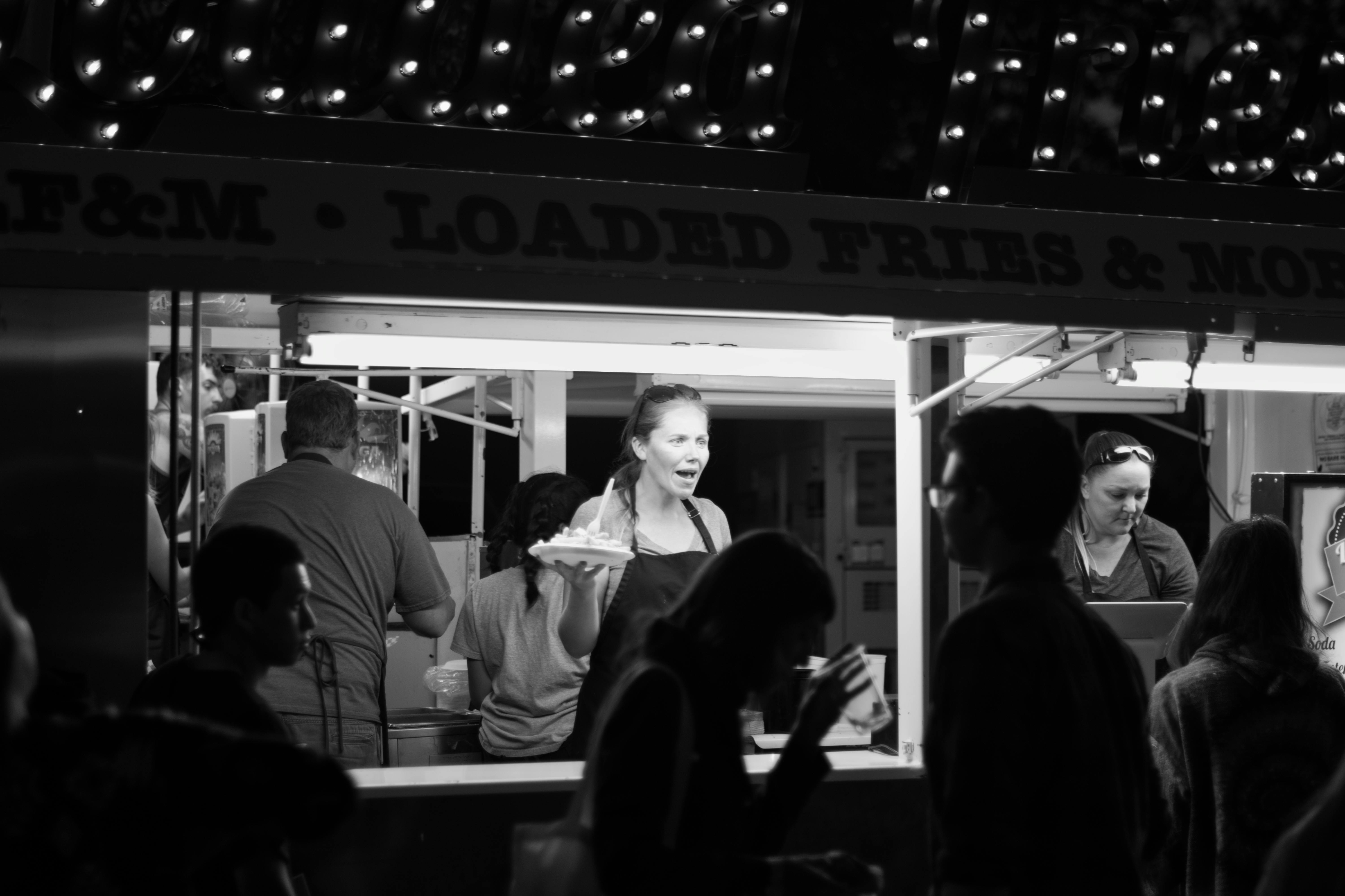 Free stock photo of black and white, festival, food truck