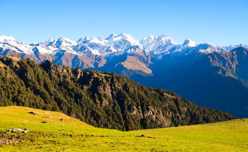 Free Majestic snow-capped peaks with lush green forest in the foreground under a clear blue sky. Stock Photo