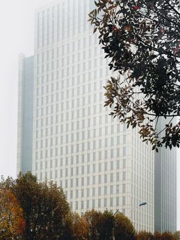 A tall skyscraper enveloped in fog with autumn trees in the foreground.