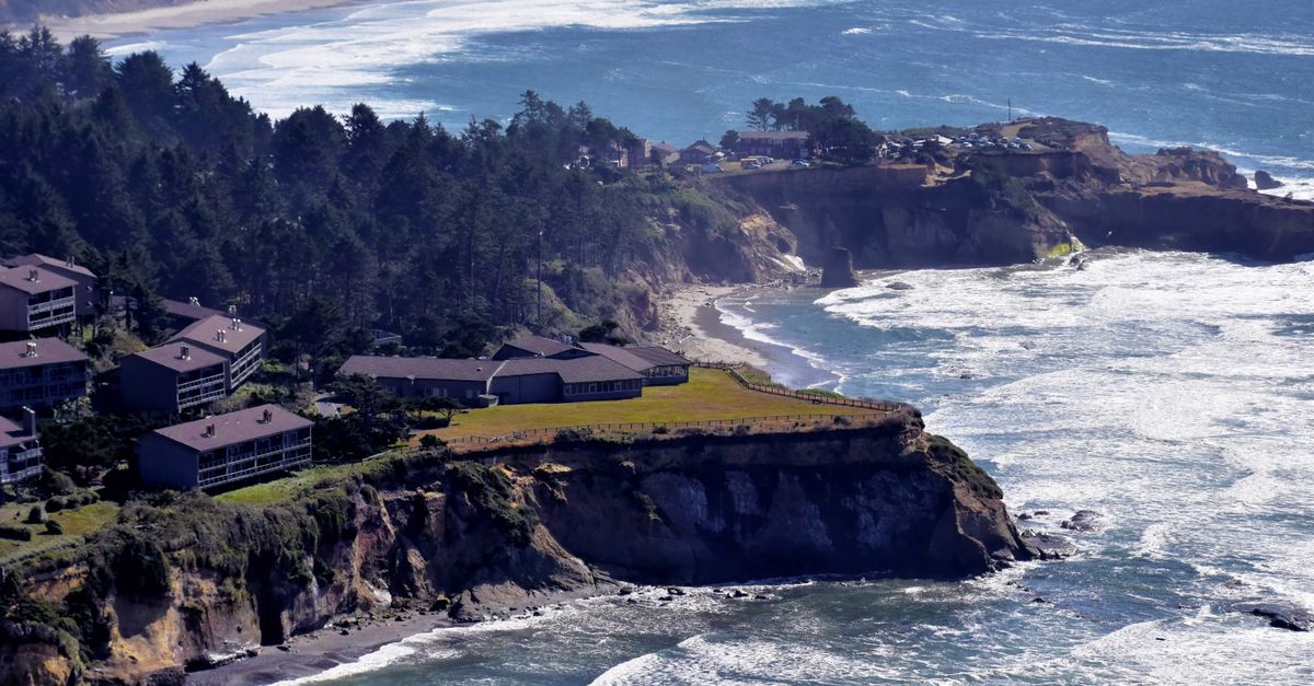 Aerial view of oceanfront homes atop a picturesque cliff overlooking a scenic coastline.