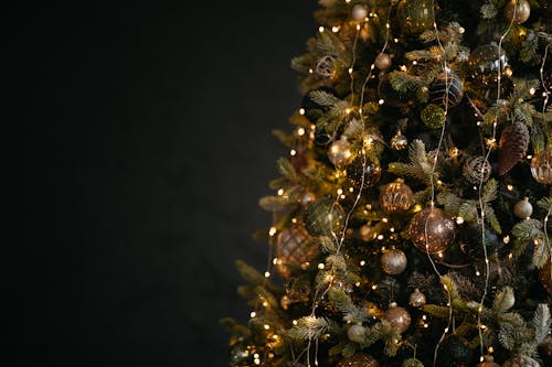 Fairy Lights and Ornaments Hanging on the Christmas Tree