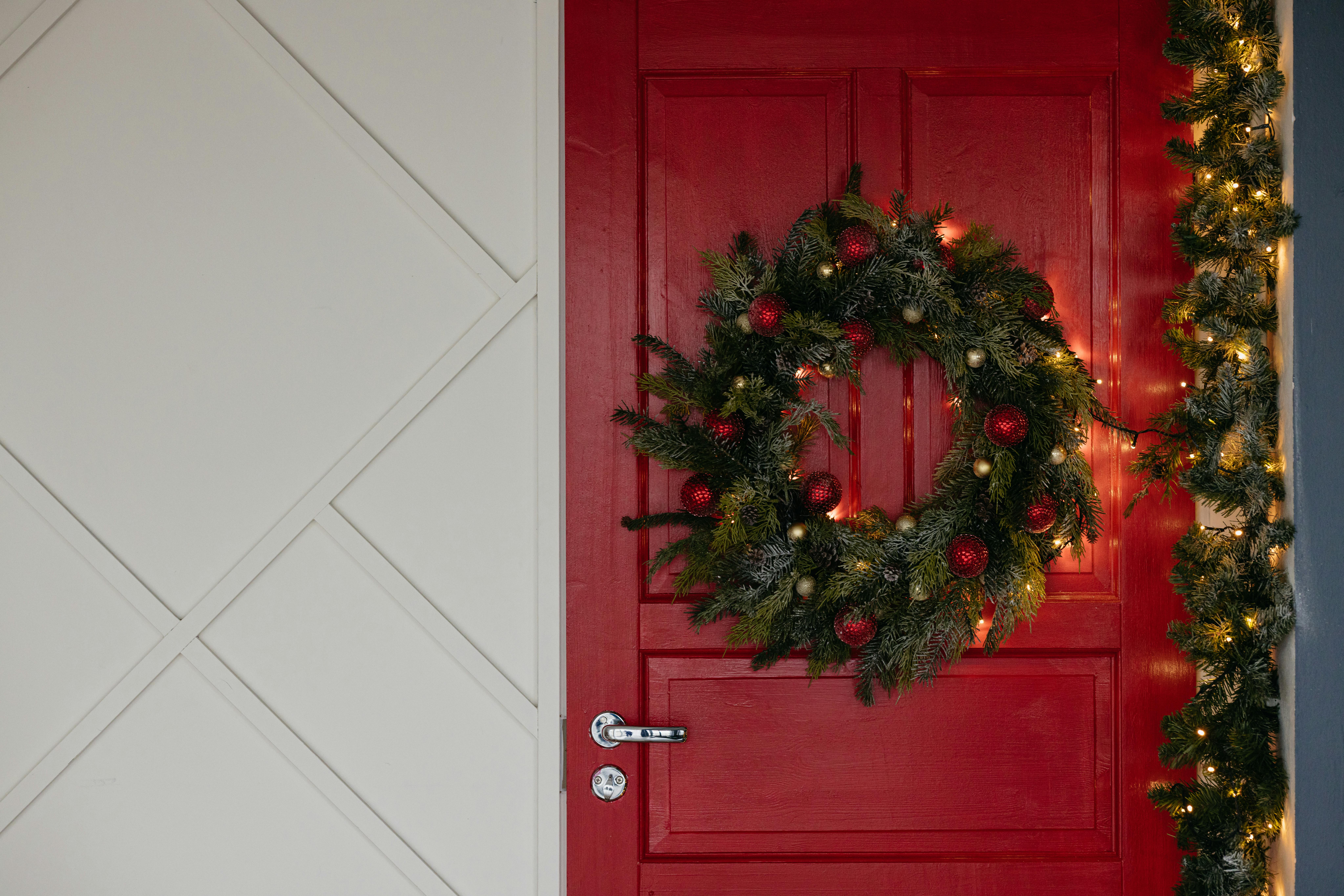 Free A Red Door with Wreath and Christmas Lights