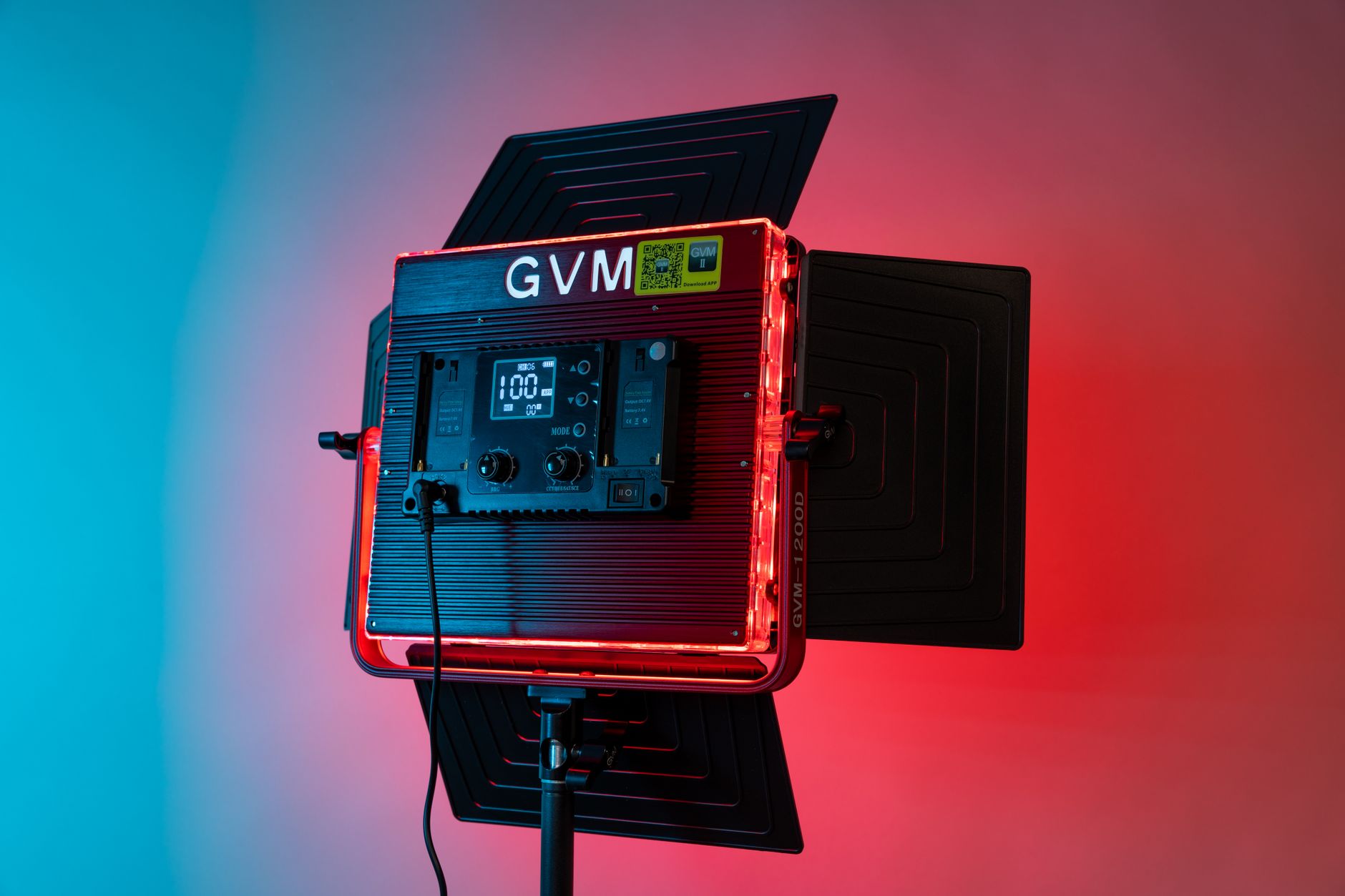 LED video light panel glowing on a stand