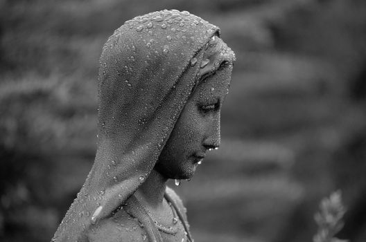 Close-up of a rain-drenched Virgin Mary statue in grayscale, evoking serenity.