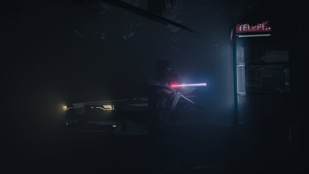 Dark scene of a mysterious figure with a weapon near a glowing car and a telephone booth.