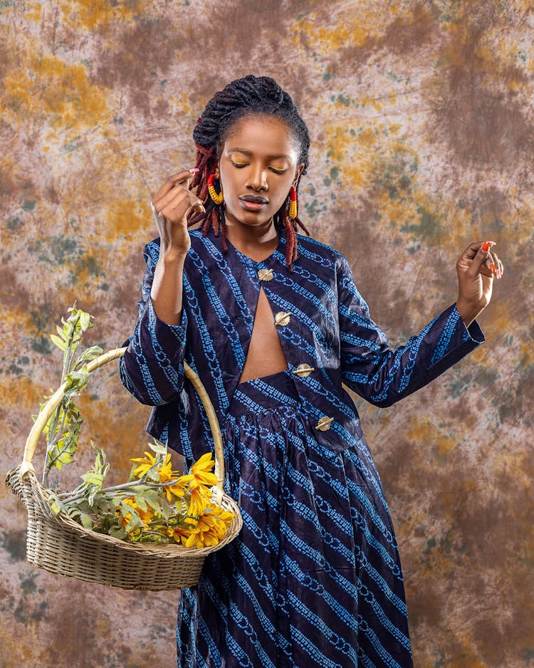 Woman Dancing With Basket With Flowers