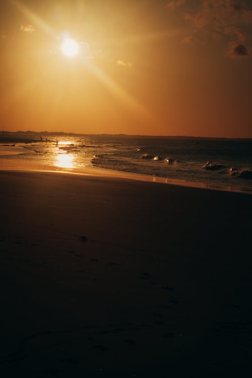 Waves Crashing on Seashore during Sunset