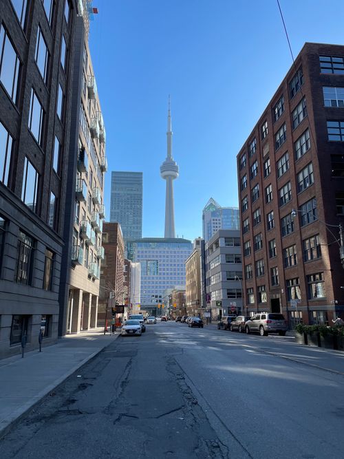 Free Street view of Toronto's skyline with the CN Tower prominently in the background. Stock Photo