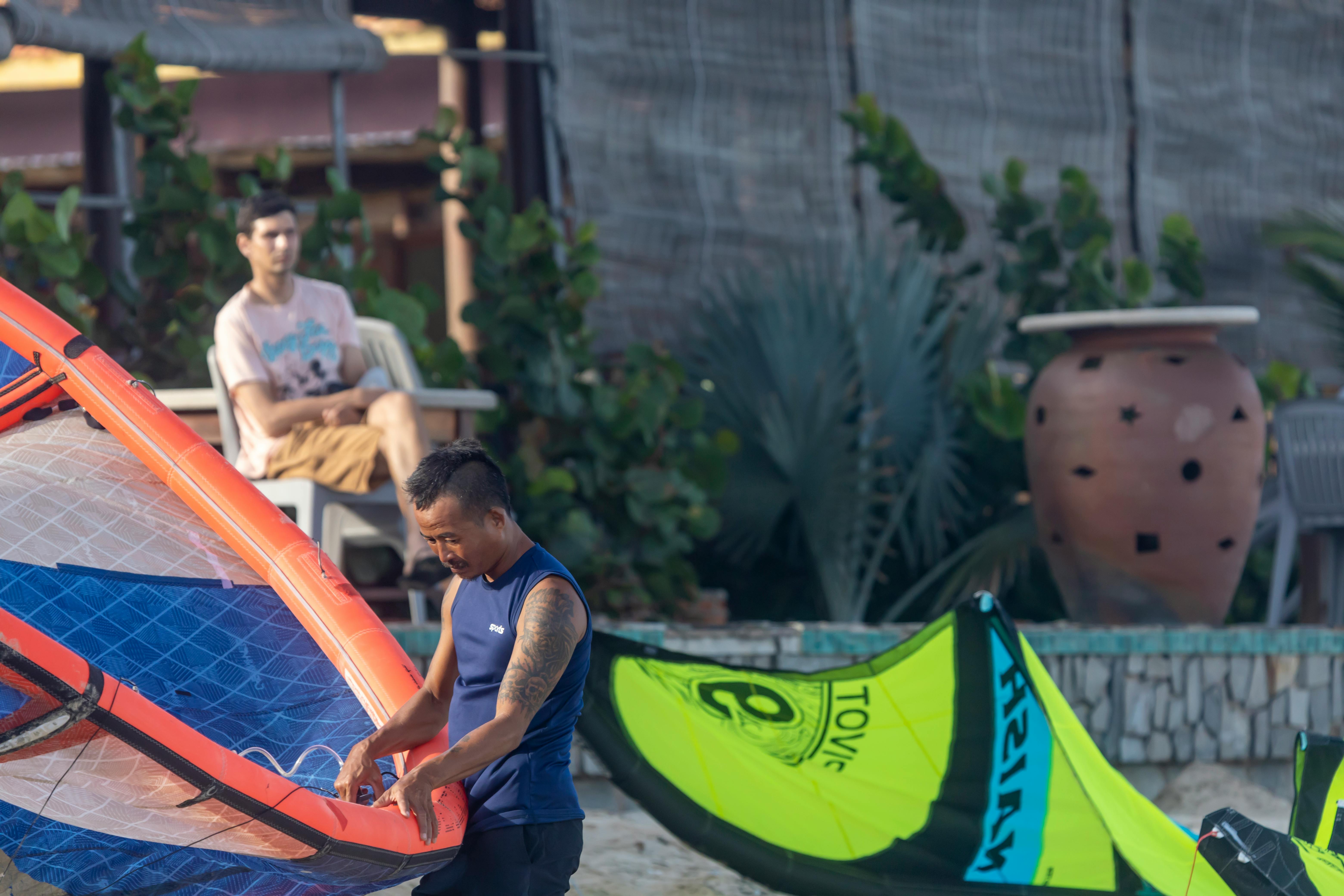A man prepares windsurfing gear on a beach, under sunny skies, with plants in the background.