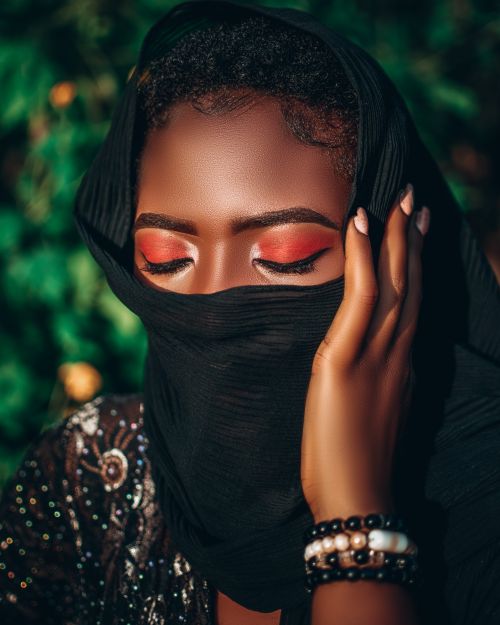 Free Captivating close-up of a woman with eyes closed, wearing a black shawl and bracelets. Stock Photo
