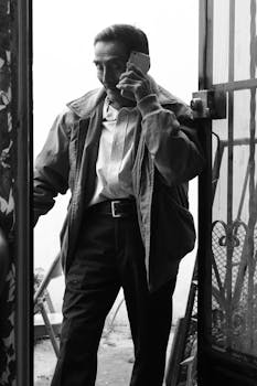 Black and white photo of a senior man casually talking on a mobile phone by an open door.