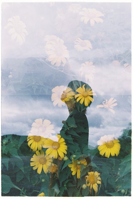 Double exposure photo featuring a silhouette and vibrant yellow flowers against a cloudy sky.