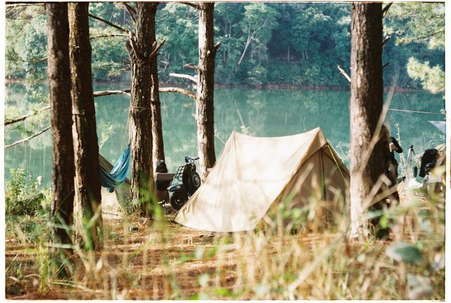 Ridge tent and hammock among pines beside a still creek — photo by Gin on Pexels