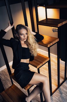 Glamorous woman in a black outfit posing on a modern indoor staircase.